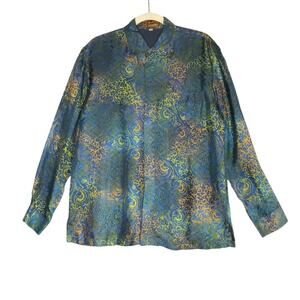 ART BATIK Button Up Blouse Women M Blue VTG Retro Unique Handmade Romantic Y2K